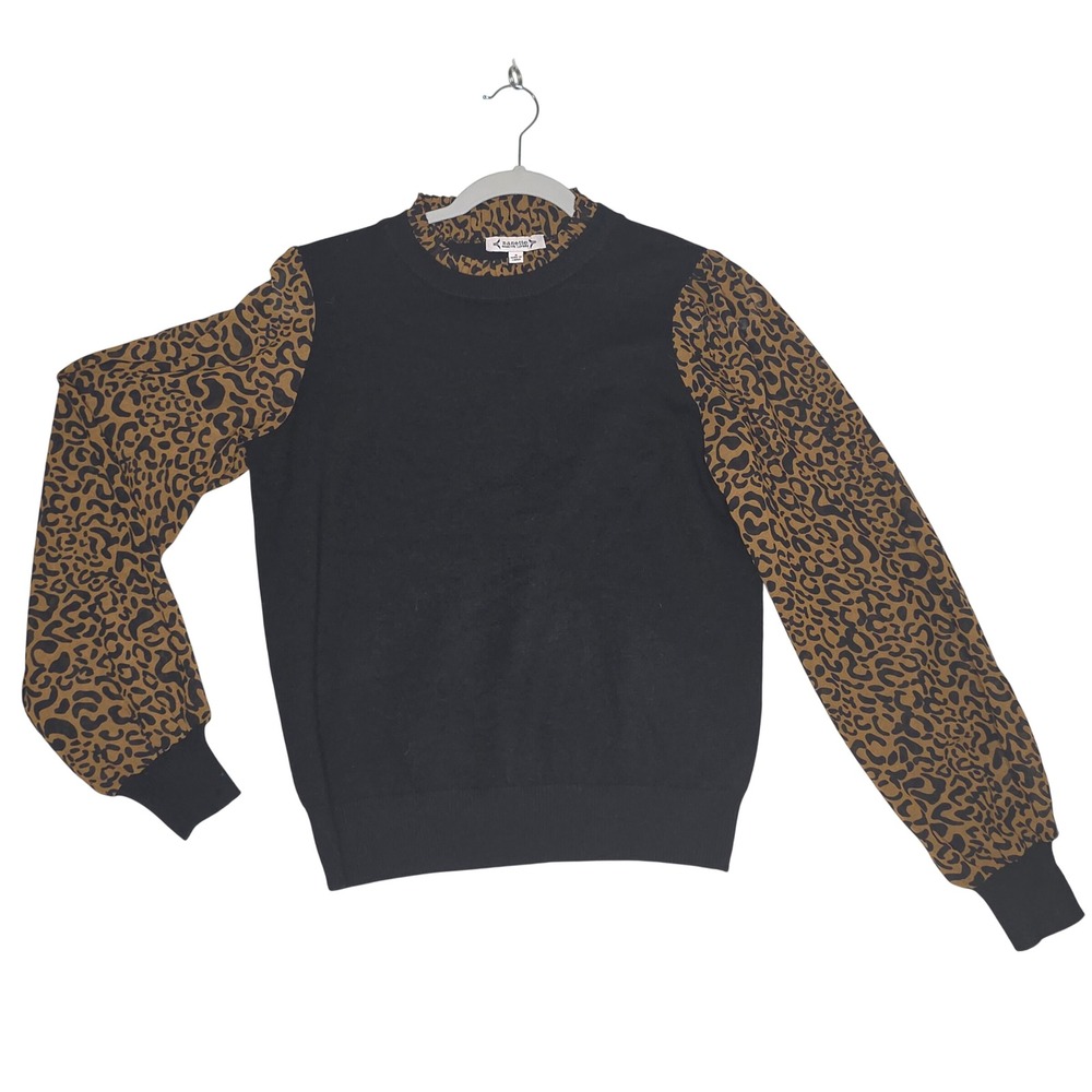 Nanette  NWT Lepore Black Leopard Print Mixed Media Sweater SzS Sexy‎ Rare Find